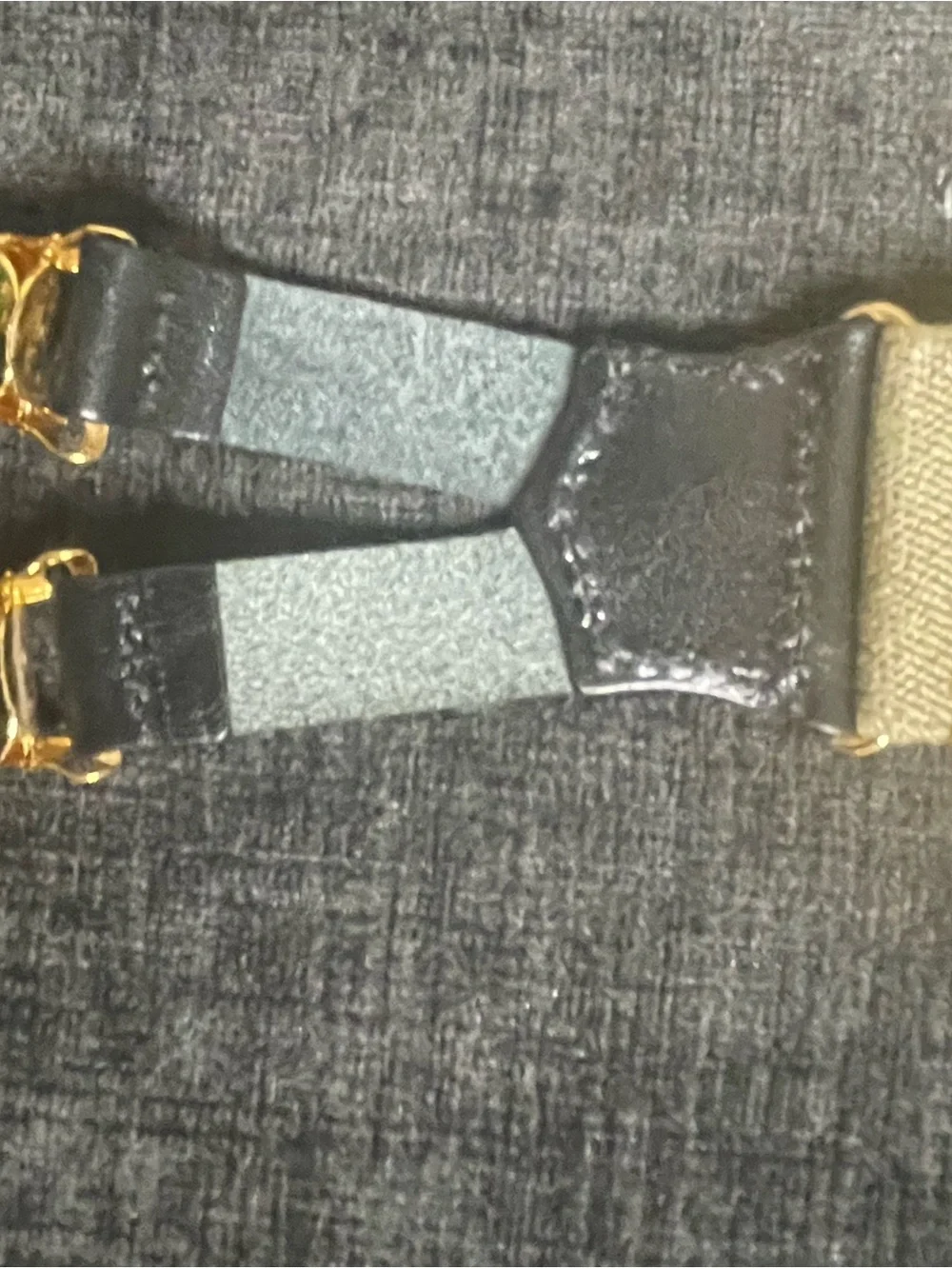 CHANEL Beige Logo Webbing Suspenders with Black Leather Connector